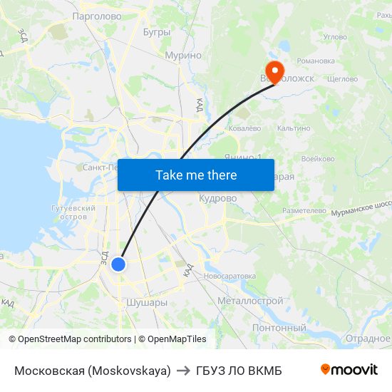 Московская (Moskovskaya) to ГБУЗ ЛО ВКМБ map