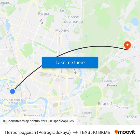 Петроградская (Petrogradskaya) to ГБУЗ ЛО ВКМБ map