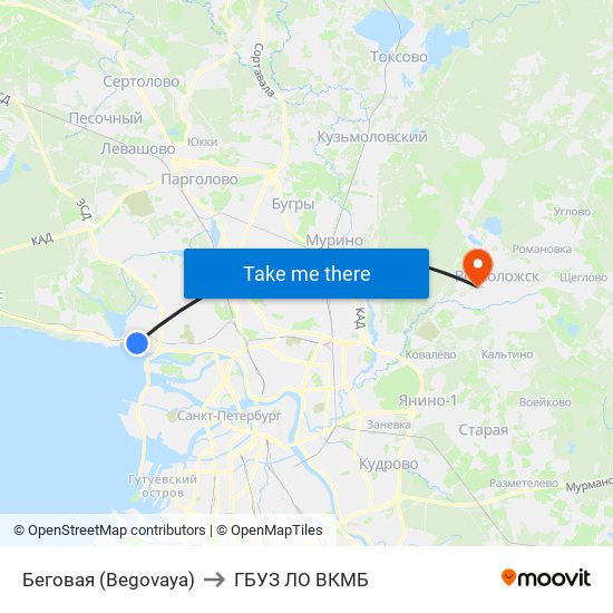 Беговая (Begovaya) to ГБУЗ ЛО ВКМБ map