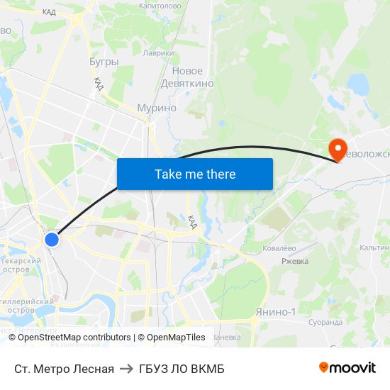 Ст. Метро Лесная to ГБУЗ ЛО ВКМБ map