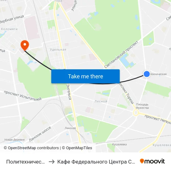 Политехническая (Politekhnicheskaya) to Кафе Федерального Центра Сердца, Крови, Эндокринологии им. Алмазова map