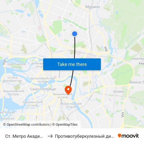 Ст. Метро Академическая to Противотуберкулезный диспансер № 8 map