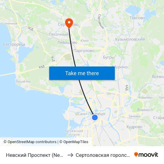 Невский Проспект (Nevskiy Prospekt) to Сертоловская горолская больница map