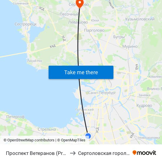 Проспект Ветеранов (Prospekt Veteranov) to Сертоловская горолская больница map