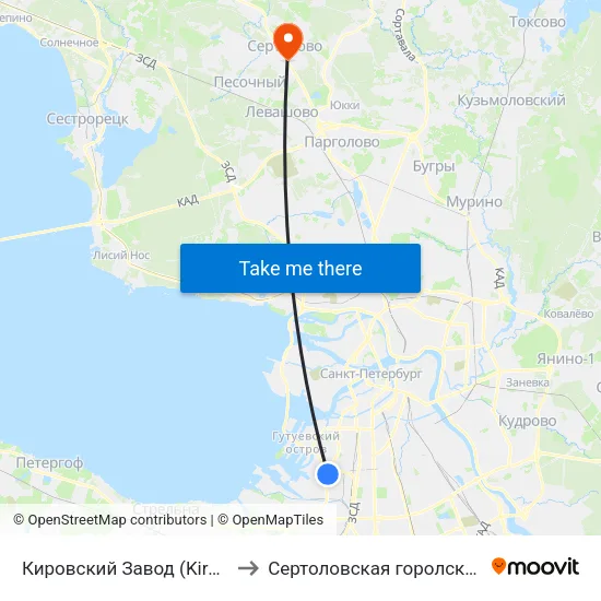 Кировский Завод (Kirovsky Zavod) to Сертоловская горолская больница map