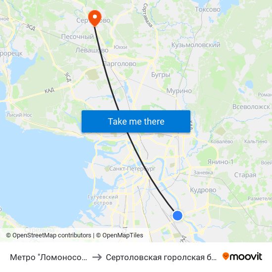 Метро "Ломоносовская" to Сертоловская горолская больница map