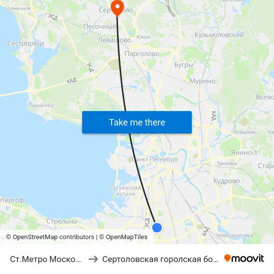 Ст.Метро Московская to Сертоловская горолская больница map