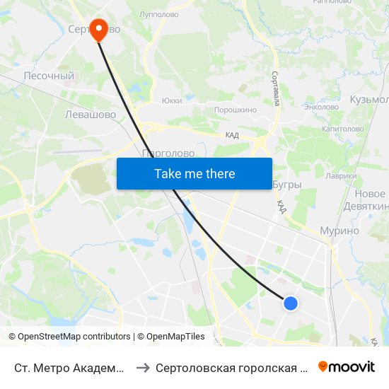 Ст. Метро Академическая to Сертоловская горолская больница map