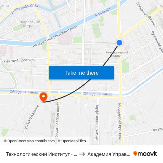 Технологический Институт - 1 (Tekhnologicheskiy Institut - 1) to Академия Управления и Экономики map