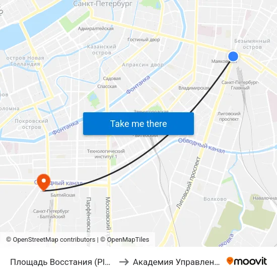 Площадь Восстания (Ploschad' Vosstaniya) to Академия Управления и Экономики map