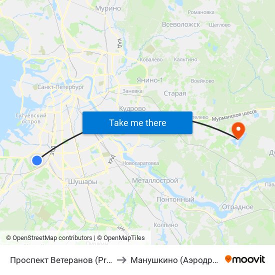Проспект Ветеранов (Prospekt Veteranov) to Манушкино (Аэродром Манушкино) map