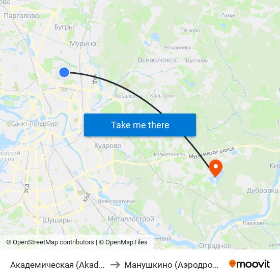 Академическая (Akademicheskaya) to Манушкино (Аэродром Манушкино) map