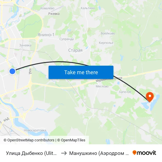 Улица Дыбенко (Ulitsa Dybenko) to Манушкино (Аэродром Манушкино) map