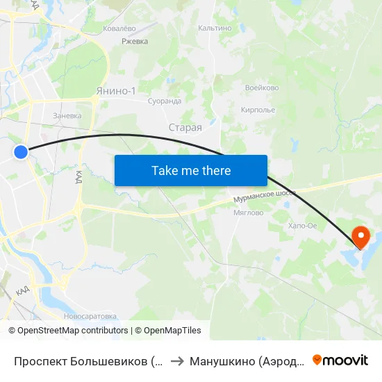 Проспект Большевиков (Prospekt Bol'Shevikov) to Манушкино (Аэродром Манушкино) map