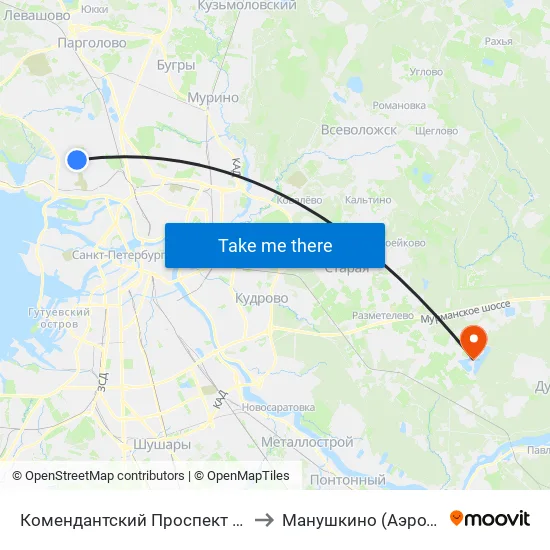 Комендантский Проспект (Komendantskiy Prospekt) to Манушкино (Аэродром Манушкино) map