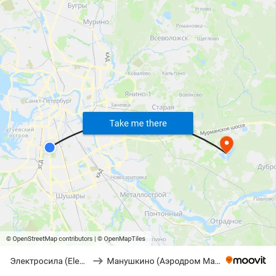 Электросила (Elektrosila) to Манушкино (Аэродром Манушкино) map