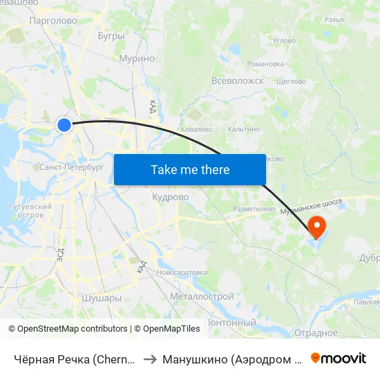 Чёрная Речка (Chernaya Rechka) to Манушкино (Аэродром Манушкино) map