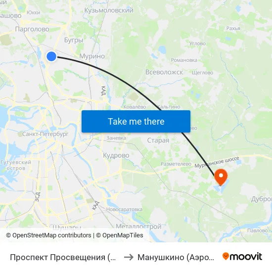 Проспект Просвещения (Prospekt Prosveschenya) to Манушкино (Аэродром Манушкино) map