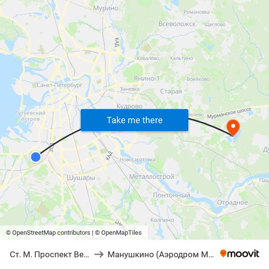 Ст. М. Проспект Ветеранов to Манушкино (Аэродром Манушкино) map