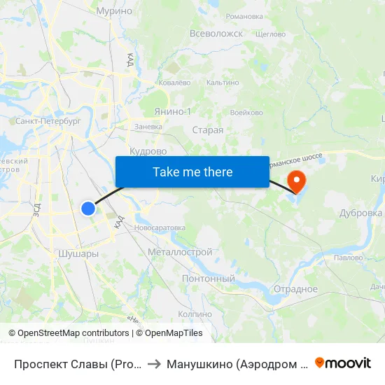 Проспект Славы (Prospekt Slavy) to Манушкино (Аэродром Манушкино) map