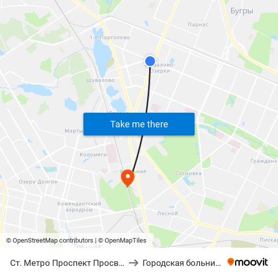 Ст. Метро Проспект Просвещения to Городская больница №2 map