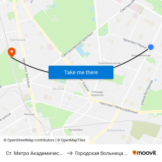 Ст. Метро Академическая to Городская больница №2 map