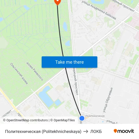 Политехническая (Politekhnicheskaya) to ЛОКБ map