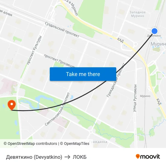 Девяткино (Devyatkino) to ЛОКБ map
