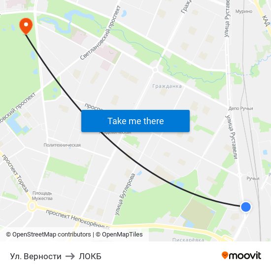 Ул. Верности to ЛОКБ map
