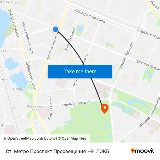 Ст. Метро Проспект Просвещения to ЛОКБ map