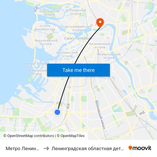 Метро Ленинский Проспект to Ленинградская областная детская клиническая больница map