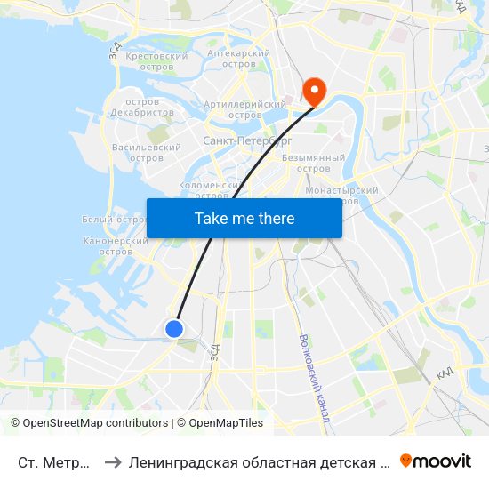 Ст. Метро Автово to Ленинградская областная детская клиническая больница map