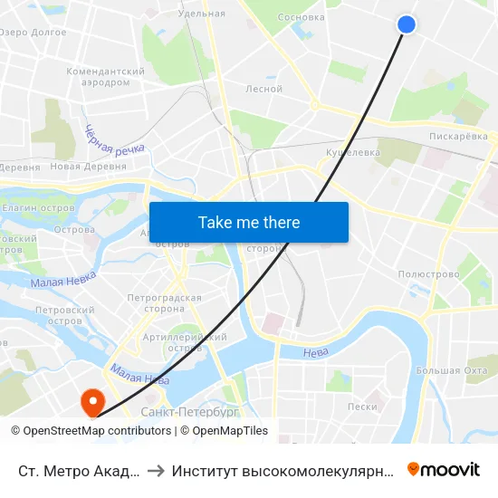 Ст. Метро Академическая to Институт высокомолекулярных соединений РАН map