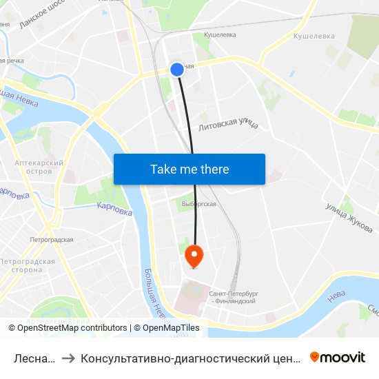 Лесная (Lesnaya) to Консультативно-диагностический центр Военно-медицинская академия им. С.М. Кирова map