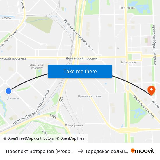 Проспект Ветеранов (Prospekt Veteranov) to Городская больница №20 map