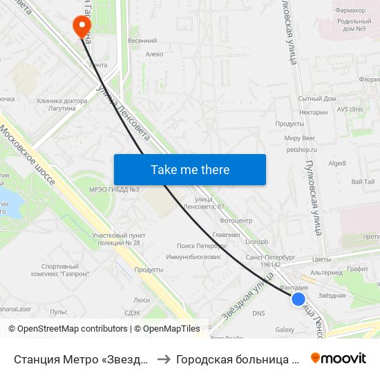 Станция Метро «Звездная» to Городская больница №20 map
