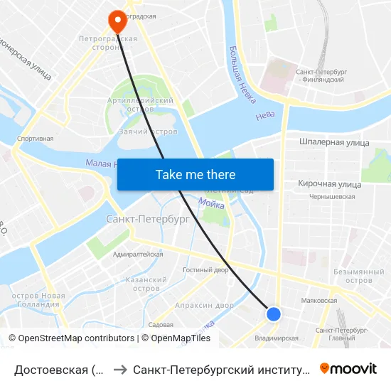 Достоевская (Dostoyevskaya) to Санкт-Петербургский институт экономики и управления map