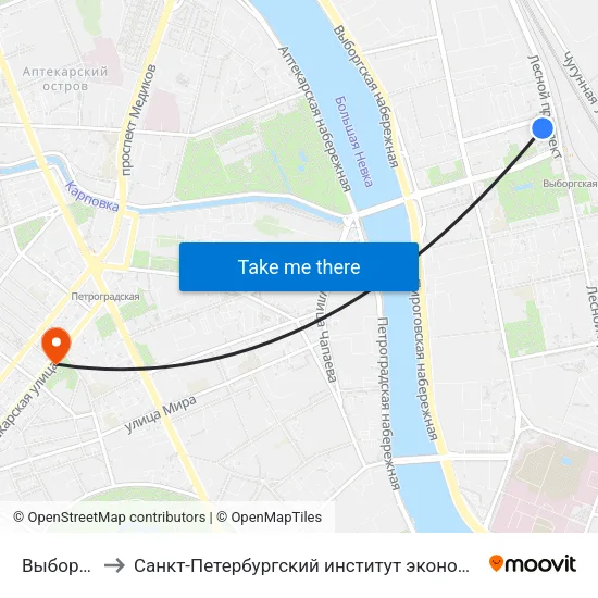 Выборгская to Санкт-Петербургский институт экономики и управления map
