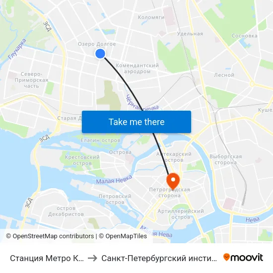 Станция Метро Комендантский Пр. to Санкт-Петербургский институт экономики и управления map