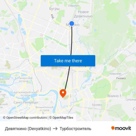 Девяткино (Devyatkino) to Турбостроитель map