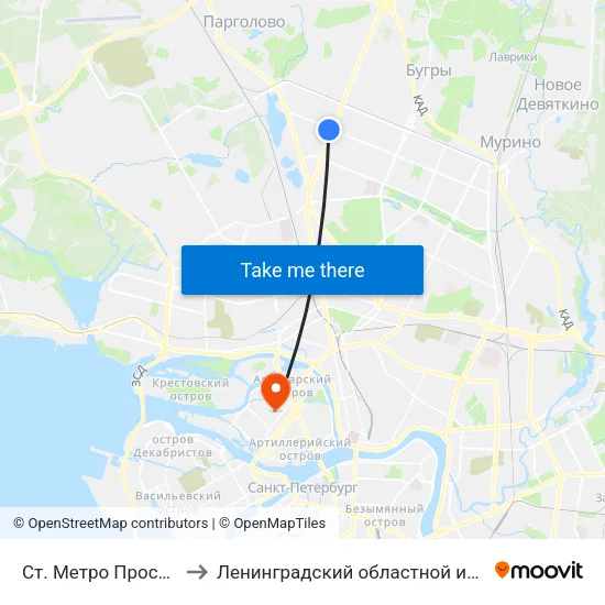 Ст. Метро Проспект Просвещения to Ленинградский областной институт развития образования map