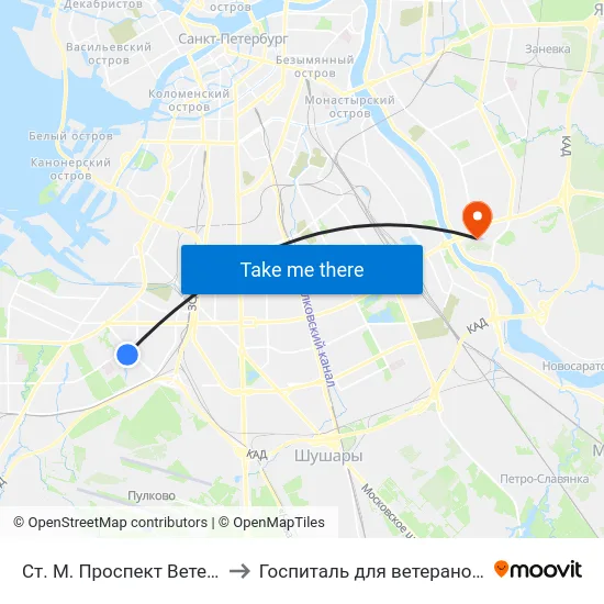 Ст. М. Проспект Ветеранов to Госпиталь для ветеранов войн map