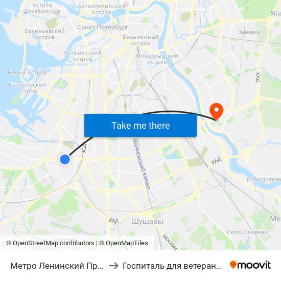 Метро Ленинский Проспект to Госпиталь для ветеранов войн map