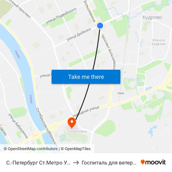 С.-Петербург  Ст.Метро Ул.Дыбенко to Госпиталь для ветеранов войн map