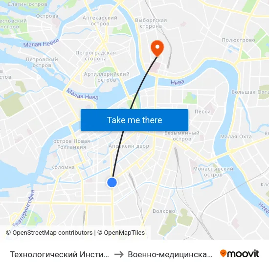 Технологический Институт - 1 (Tekhnologicheskiy Institut - 1) to Военно-медицинская академия имени С. М. Кирова map