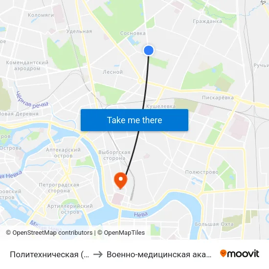 Политехническая (Politekhnicheskaya) to Военно-медицинская академия имени С. М. Кирова map