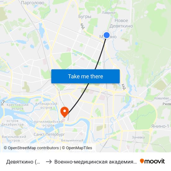 Девяткино (Devyatkino) to Военно-медицинская академия имени С. М. Кирова map