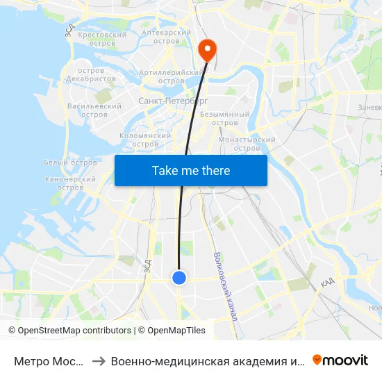 Метро Московская to Военно-медицинская академия имени С. М. Кирова map