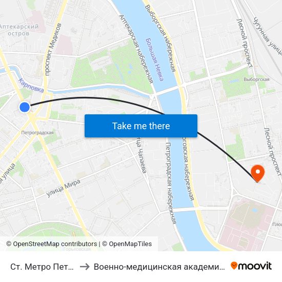 Ст. Метро Петроградская to Военно-медицинская академия имени С. М. Кирова map