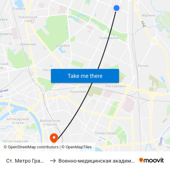 Ст. Метро Гражданский Пр. to Военно-медицинская академия имени С. М. Кирова map